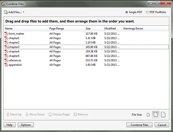 Acrobat screenshot combining files